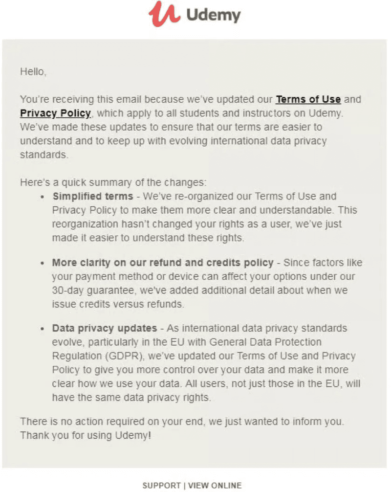 Udemy’s email announcing their terms and conditions update