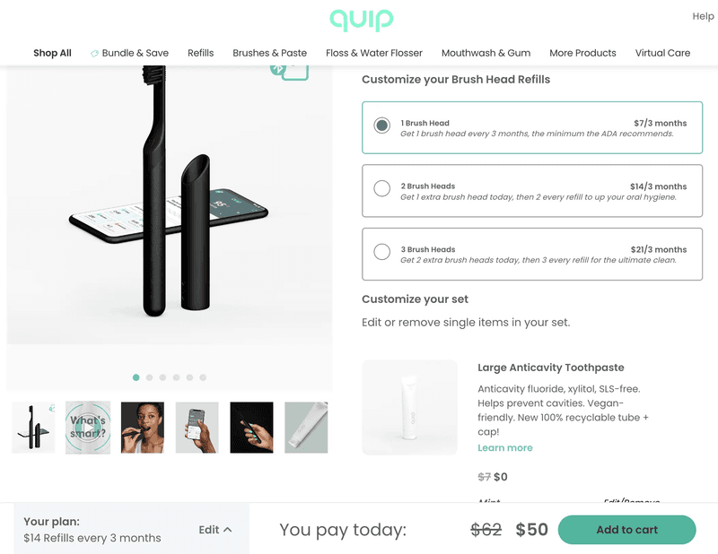 Quip's product page view after changes