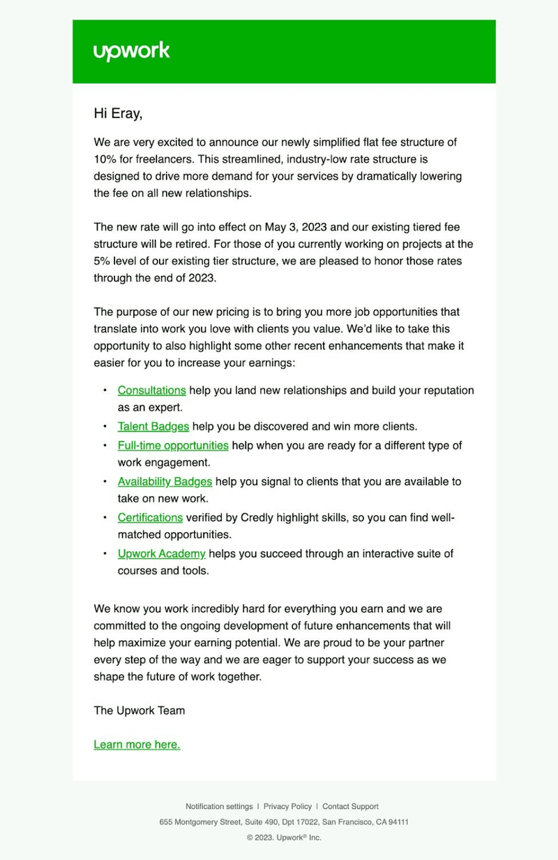Upwork’s pricing change announcement email