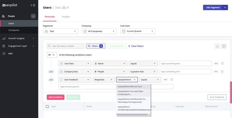 Advanced segmentation by JTBD on Userpilot.