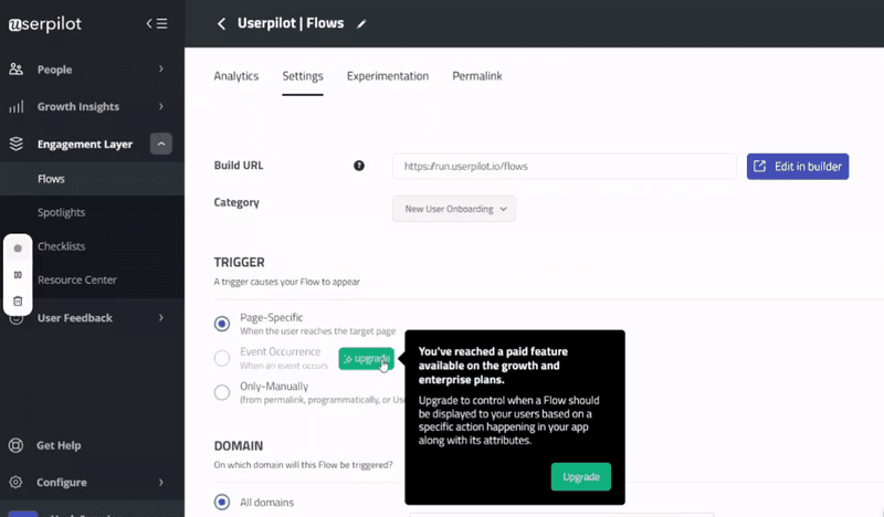 Tooltip prompting account upgrade in Userpilot.