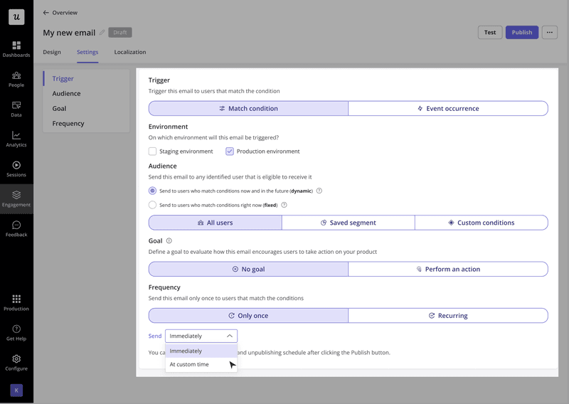 Userpilot’s email builder showing trigger, audience, goal, and timing options for customer lifecycle strategy
