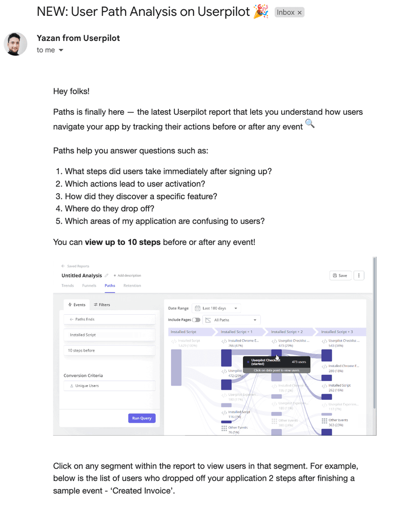Userpilot's feature announcement email for User Path Analysis with use cases and product screenshot.