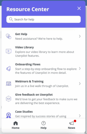 Resource center example in Userpilot.