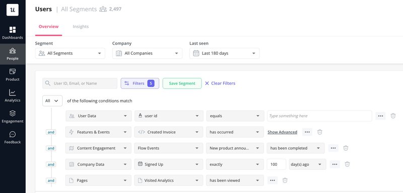 A screenshot showing the user segmentation options in Userpilot