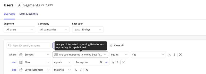 Userpilot segmentation view for feature flag access control
