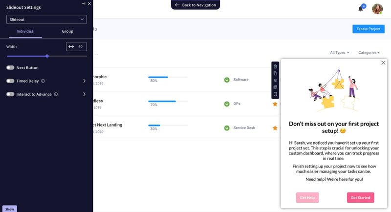 In-app messaging types: slideouts.