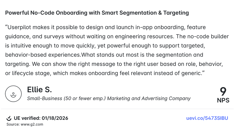 Userpilot testimonial for software onboarding.