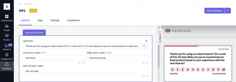 Designing a tNPS survey in Userpilot.