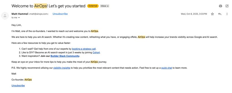 welcome drip email airops