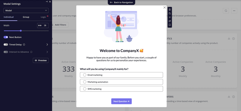 In-app survey setup in Userpilot to collect feedback for customer lifecycle strategy