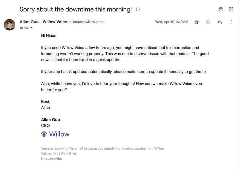 Willow’s bug fix and downtime acknowledgement email