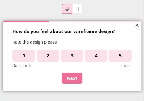 An animation of a survey collecting feedback on a UI wireframe as concept testing examples