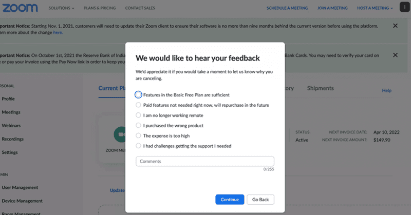Product Management Churn Funnel: Zoom churn survey