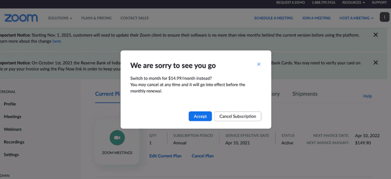 Product Management Churn Funnel: Zoom final offer