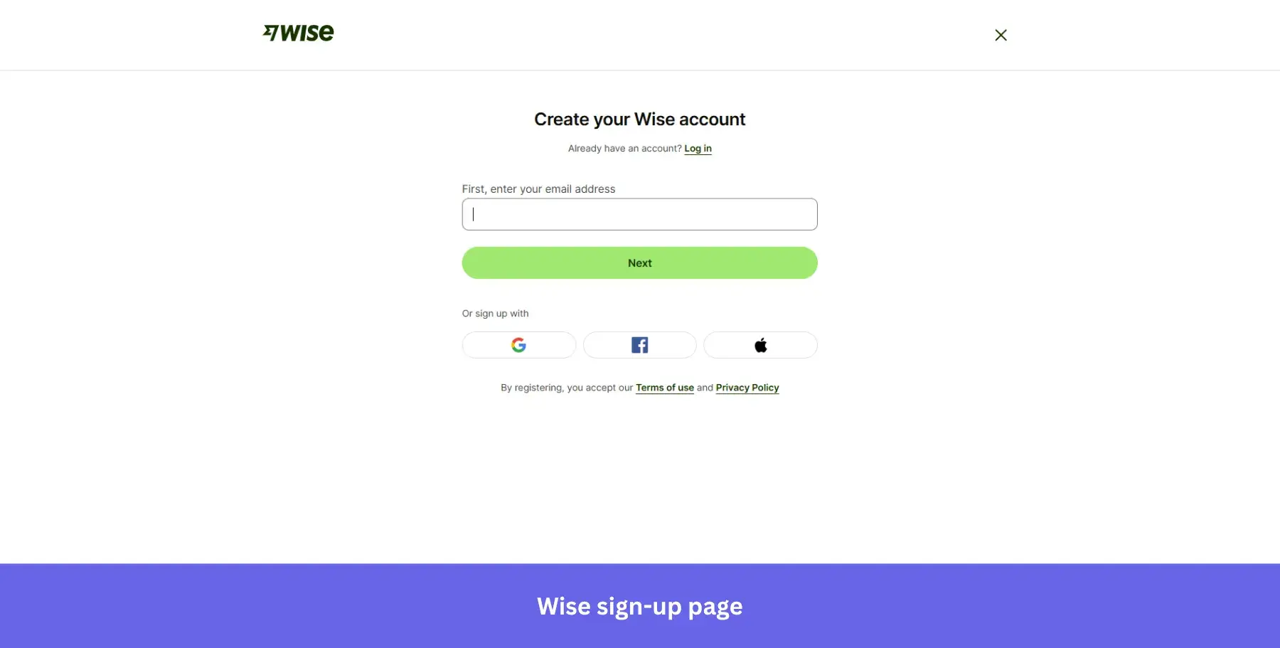 Wise sign-up page