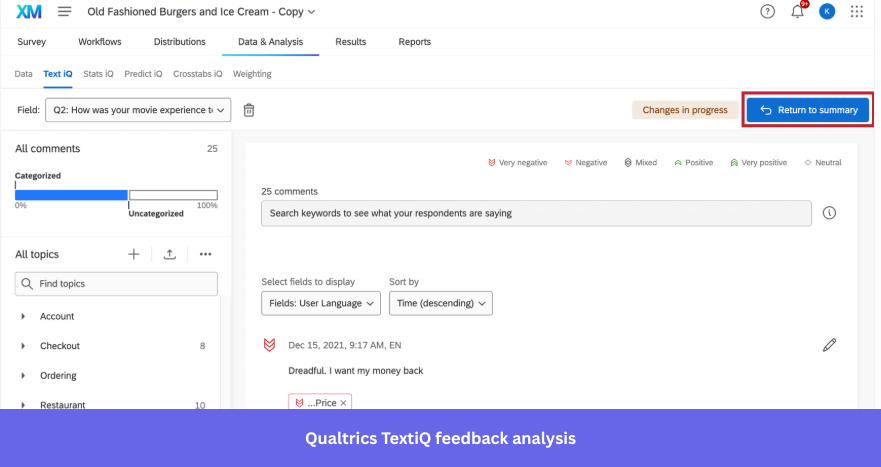 Qualtrics TextiQ feedback analysis