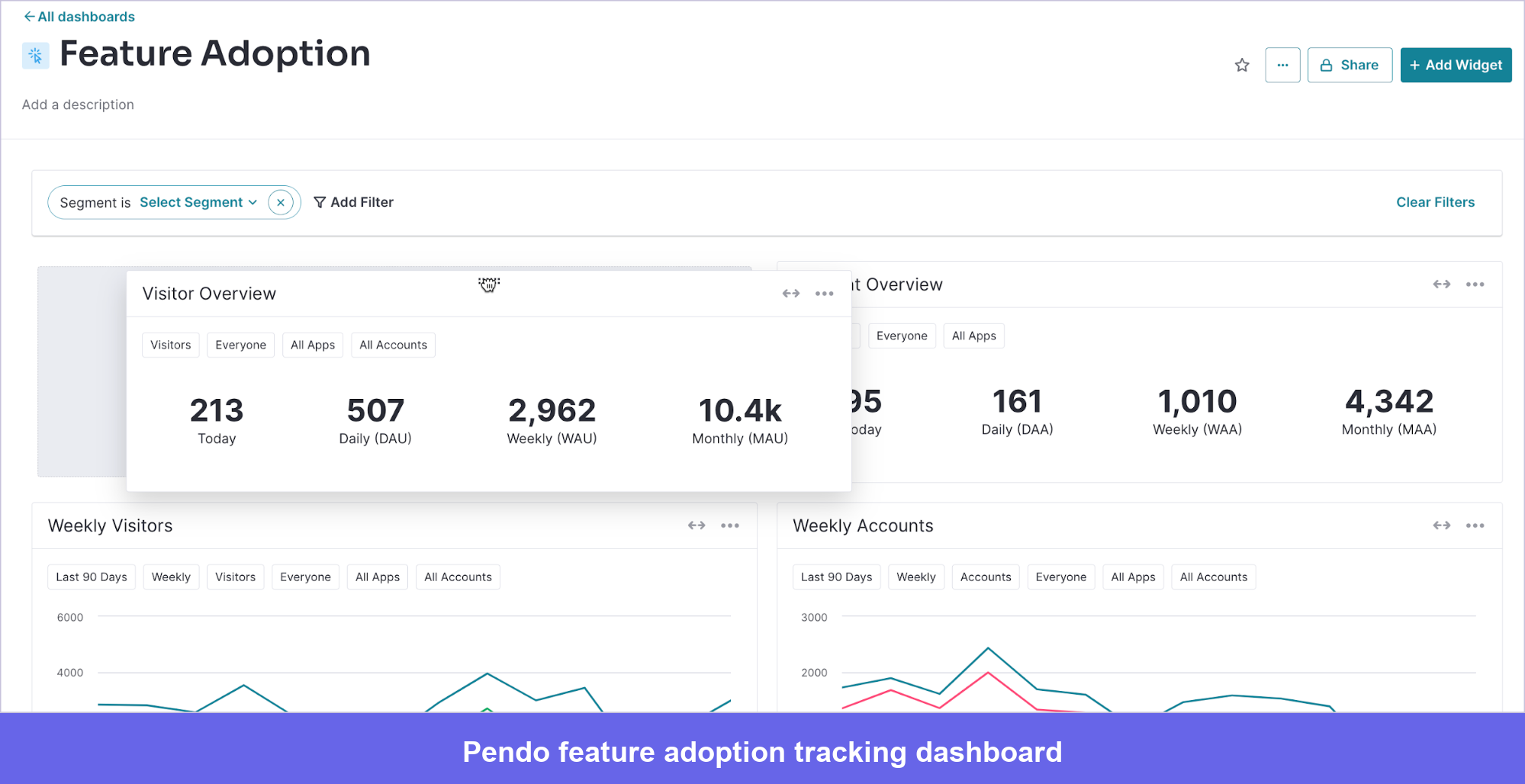 Pendo dashboard showing feature adoption