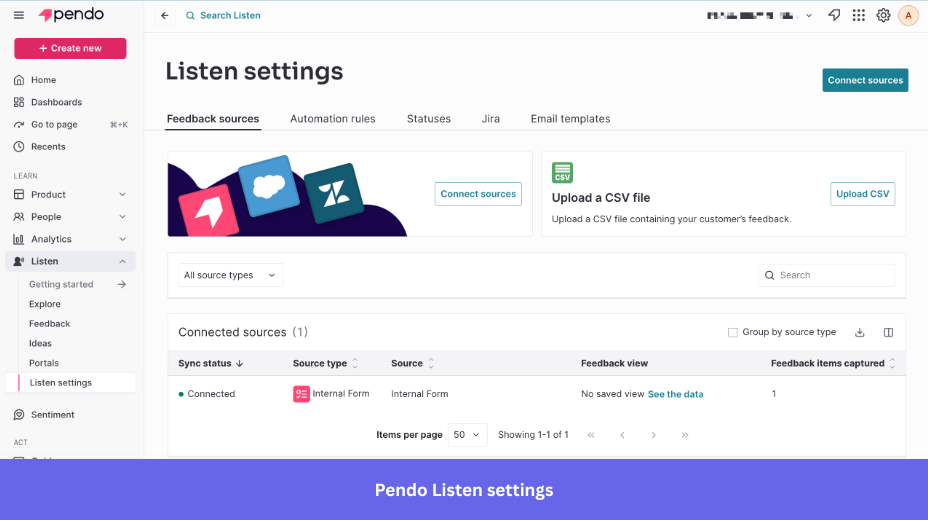 Pendo Listen settings