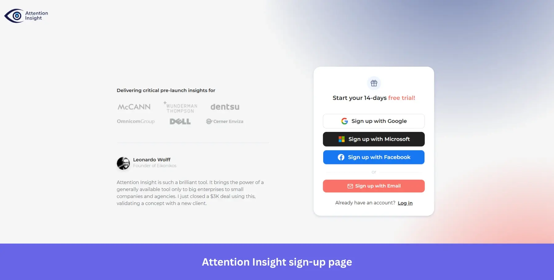 Attention Insight sign-up page