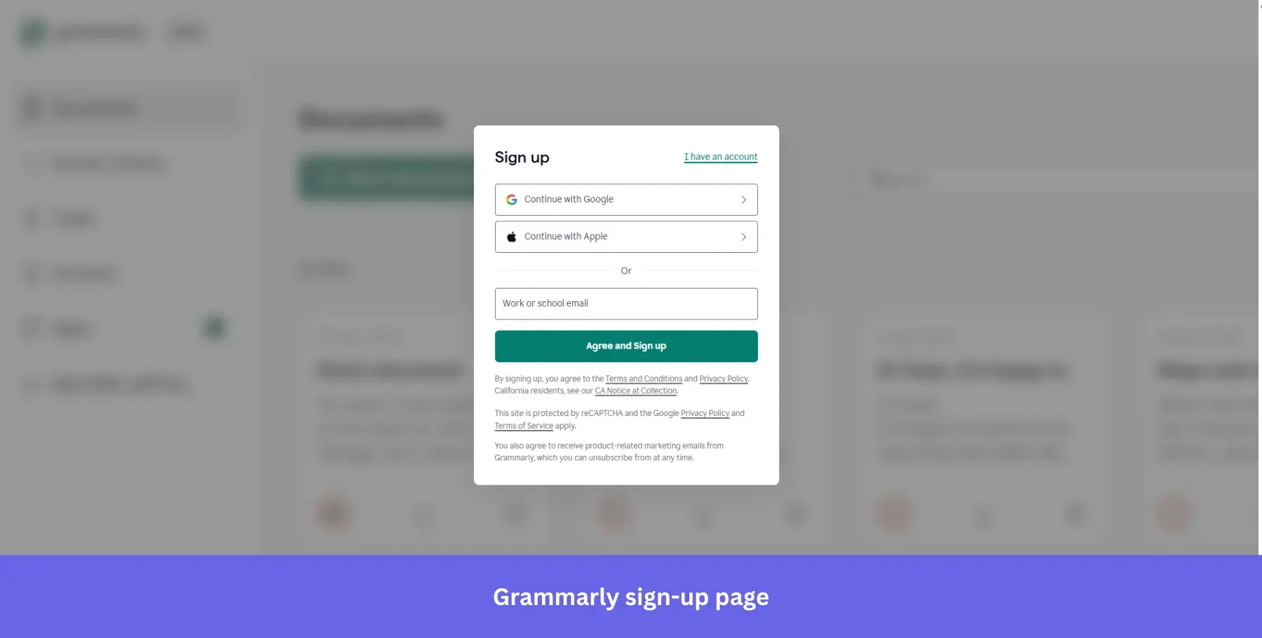 Grammarly sign-up page