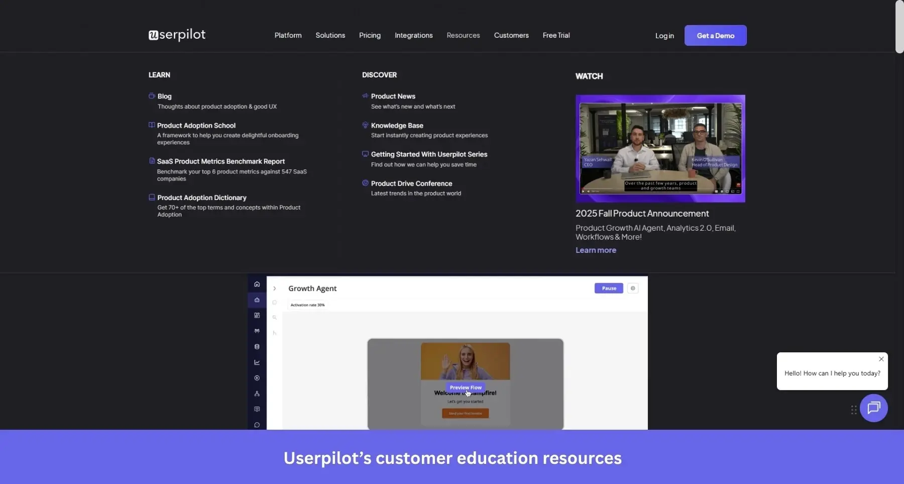 The resource menu showing the range of customer education resources