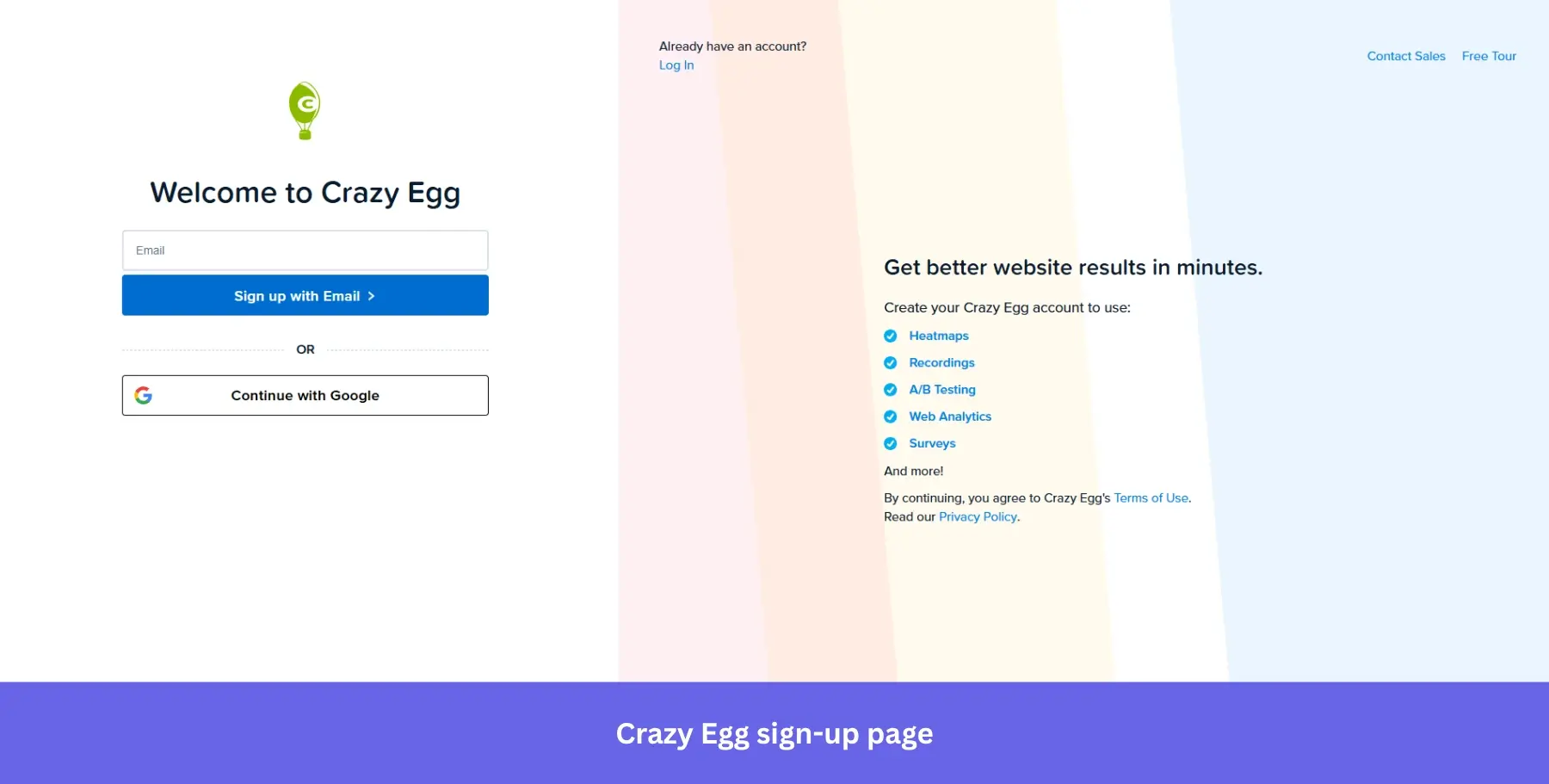 Crazy Egg sign-up page