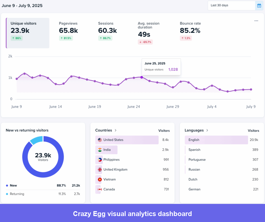 Crazy Egg analytics dashboard showing web analytics data