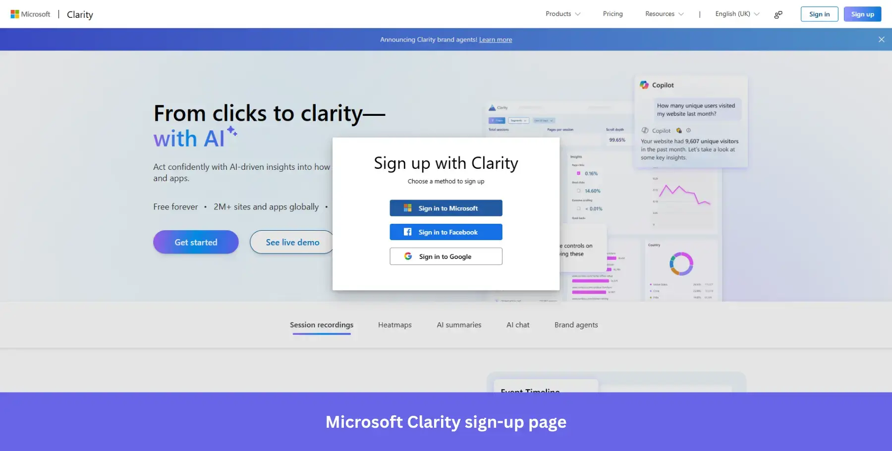 Microsoft Clarity sign-up page