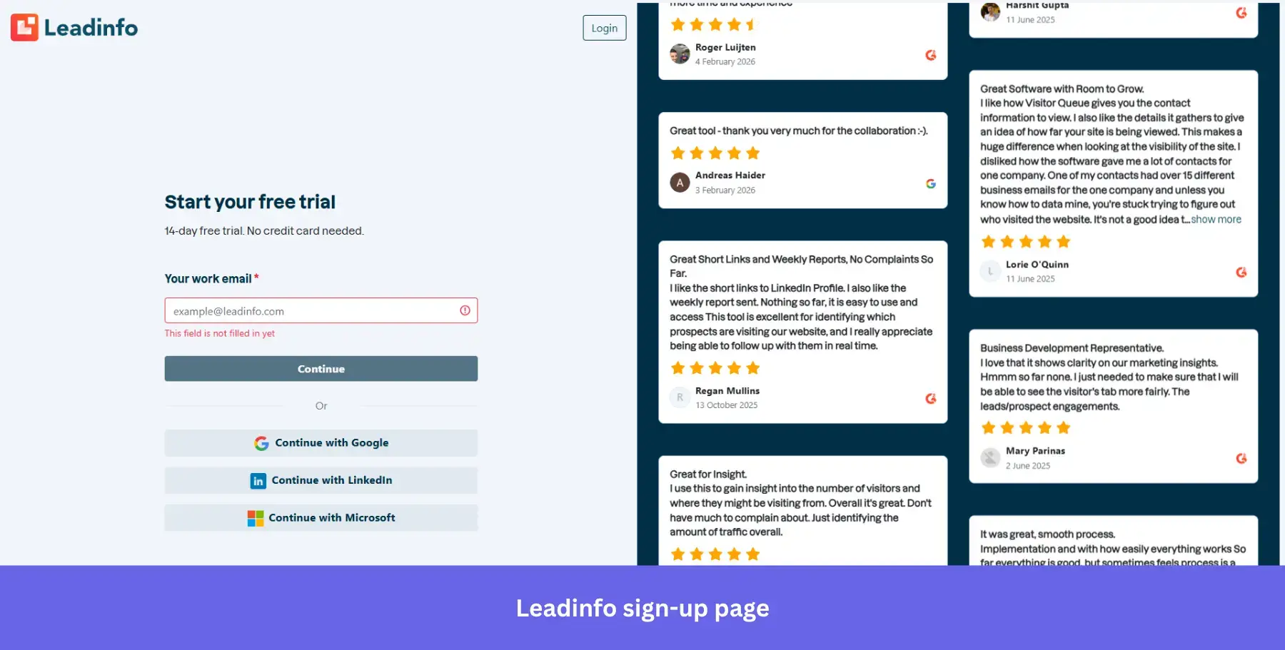 Leadinfo sign-up page