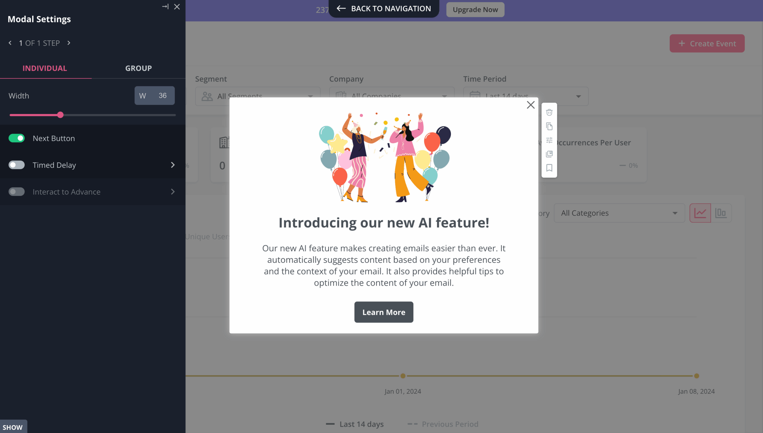Feature announcement modal in Userpilot.