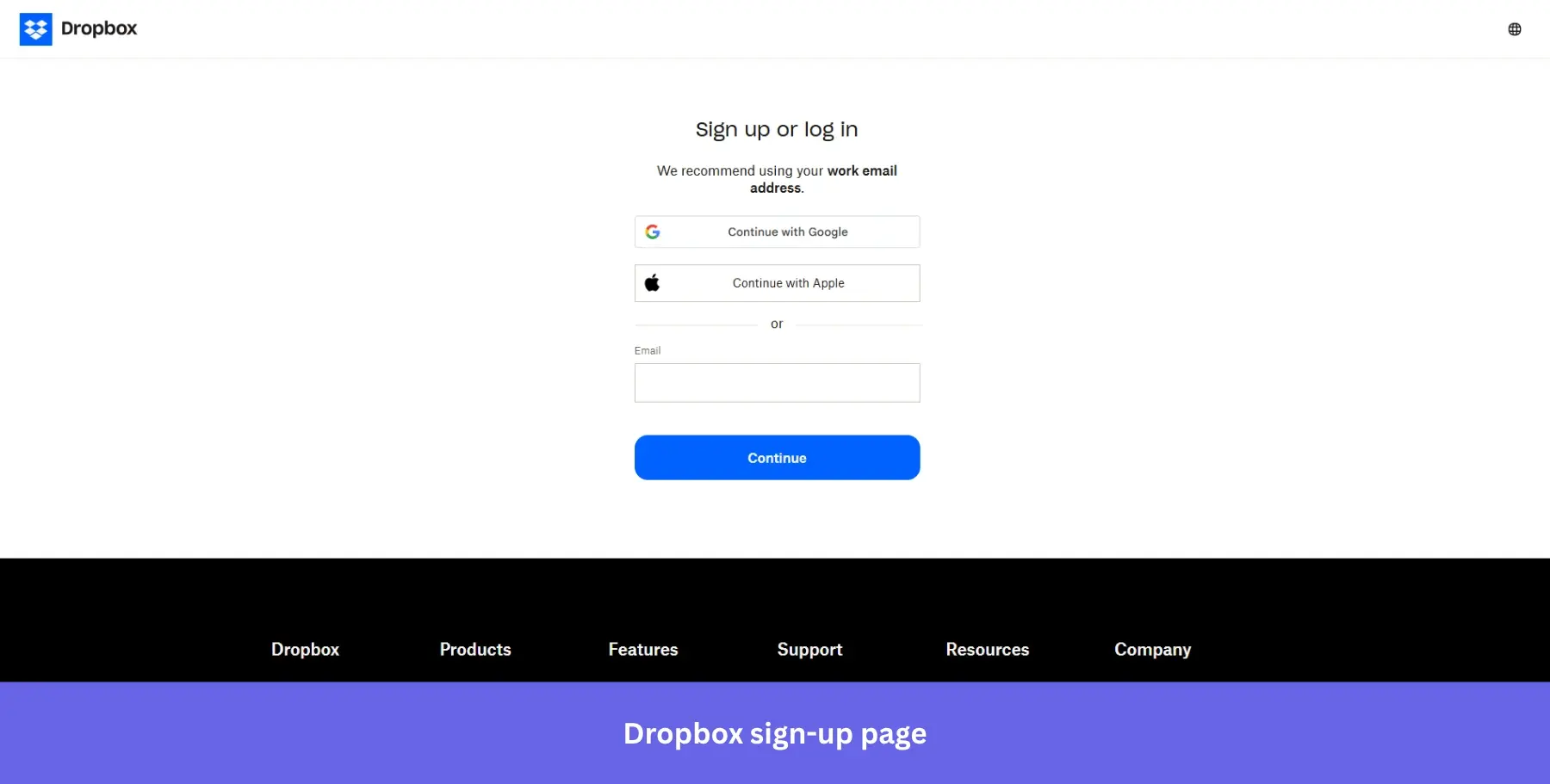 Dropbox sign-up page