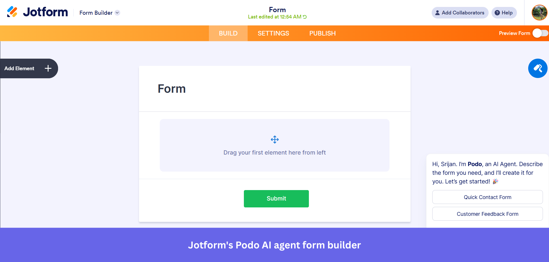 Jotform Podo AI agent form builder