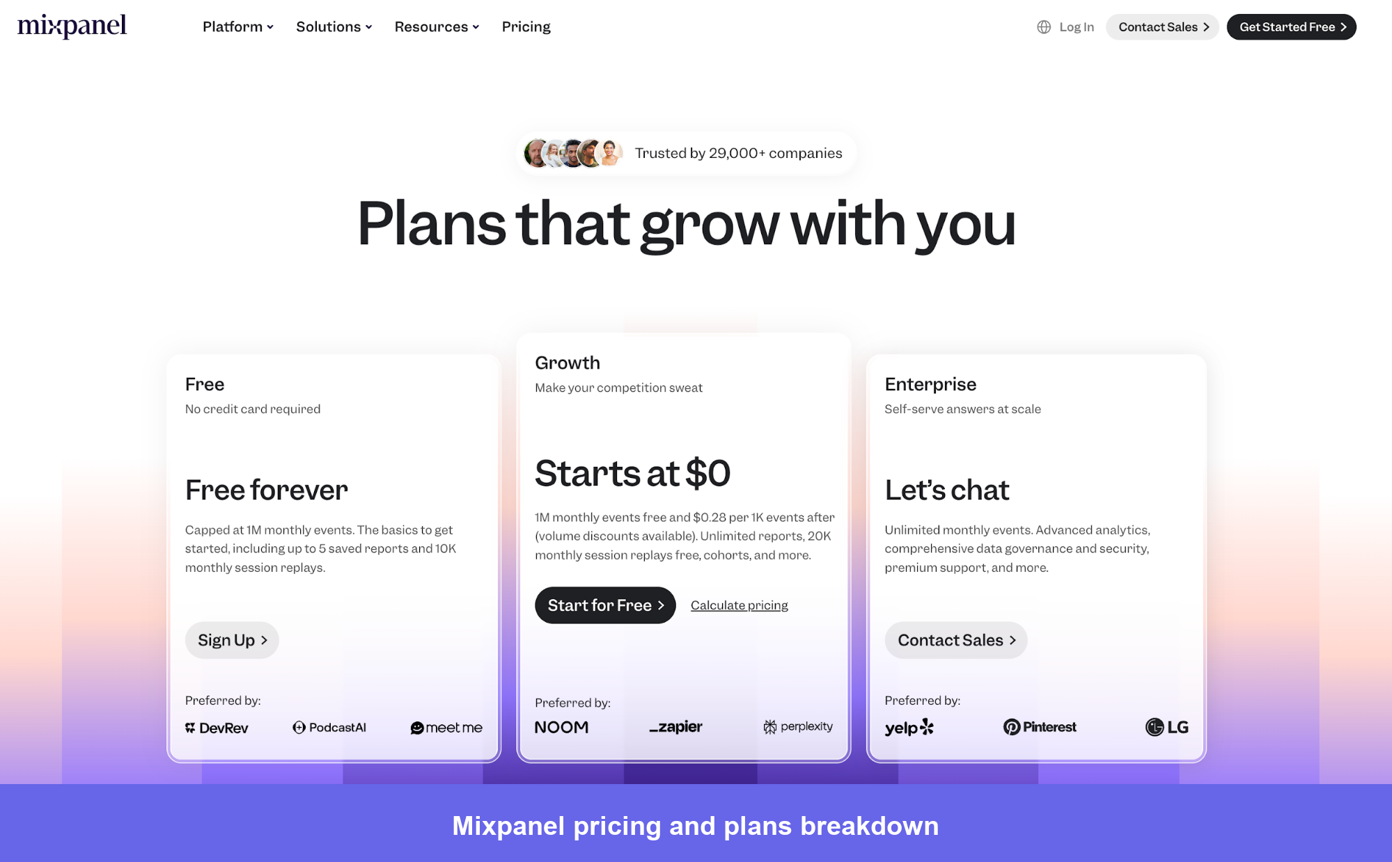 Mixpanel pricing breakdown page