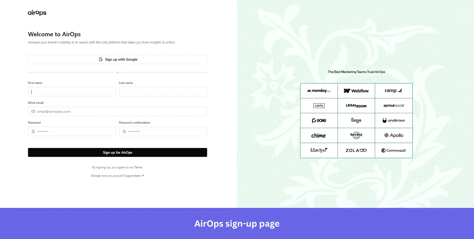 AirOps sign-up page