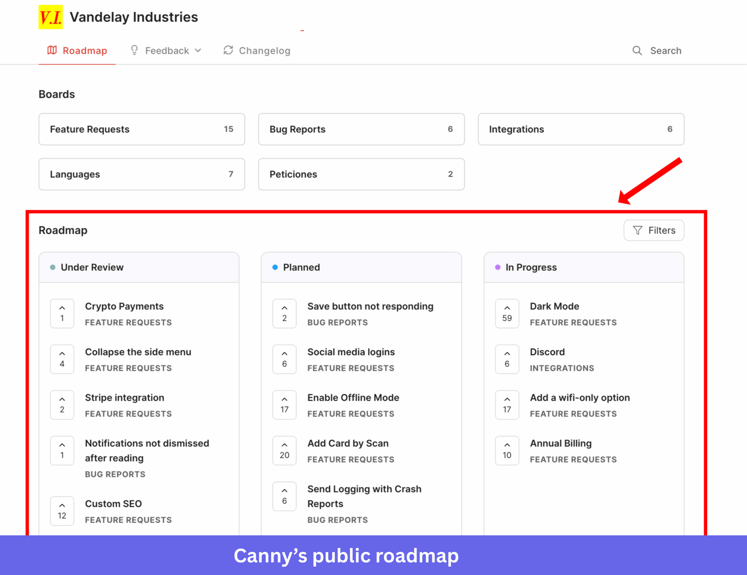 Canny's public roadmap feature