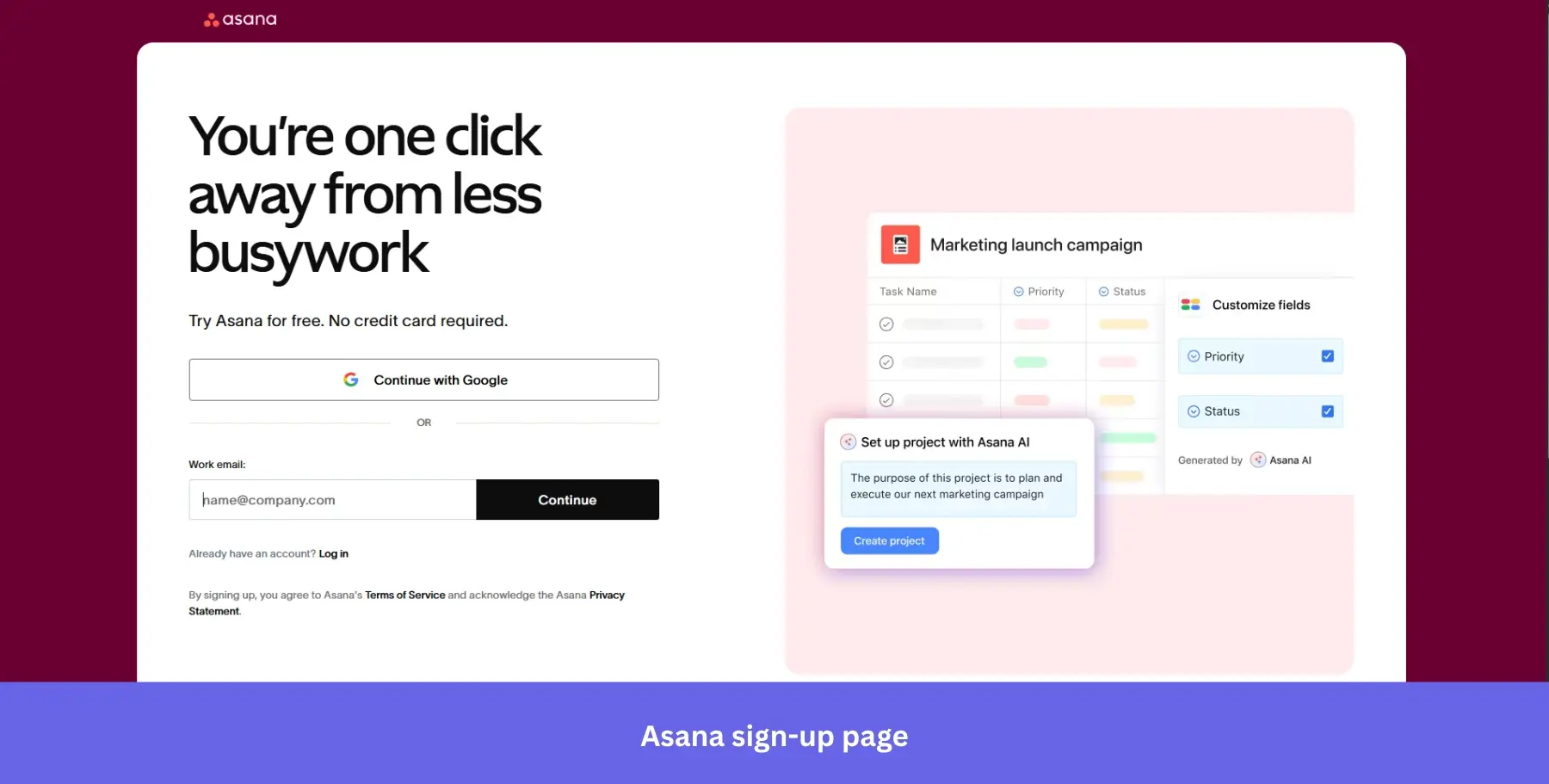 Asana sign-up page