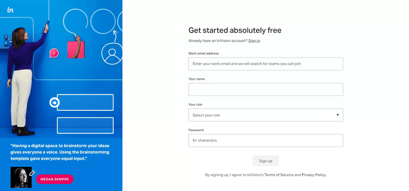 InVision product-led growth simple sign-up page