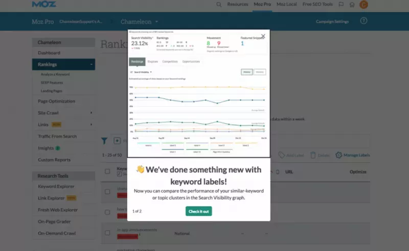 Moz new feature announcement modal