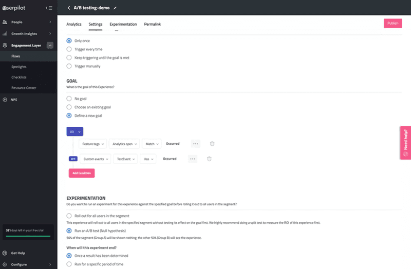 SaaS product experiments Userpilot AB testing