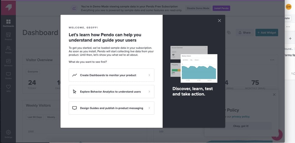 Pendo welcome screen