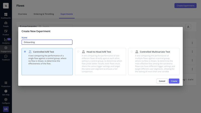 Userpilot supports A/B and multivariate testing