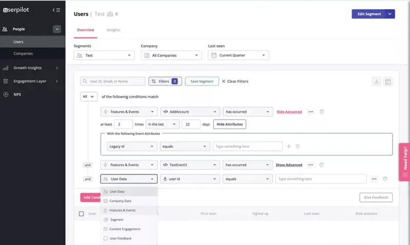 advanced segmentation userpilot voice of customer survey