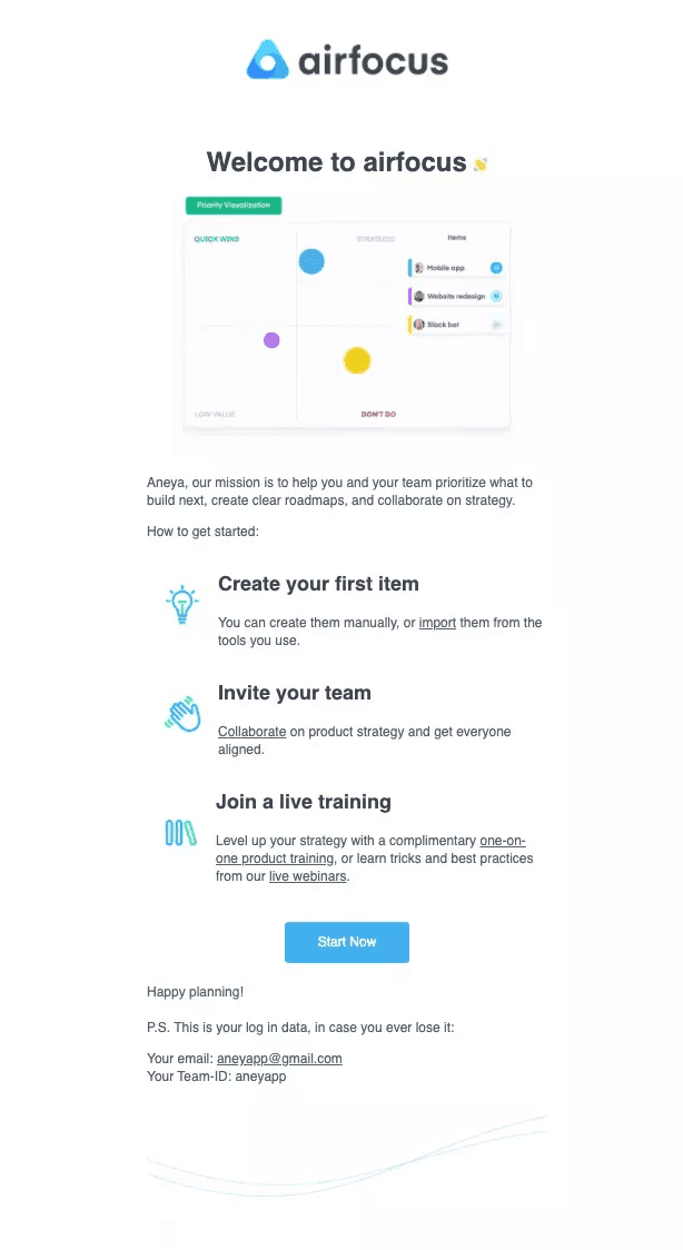 Personalized welcome email by Airfocus