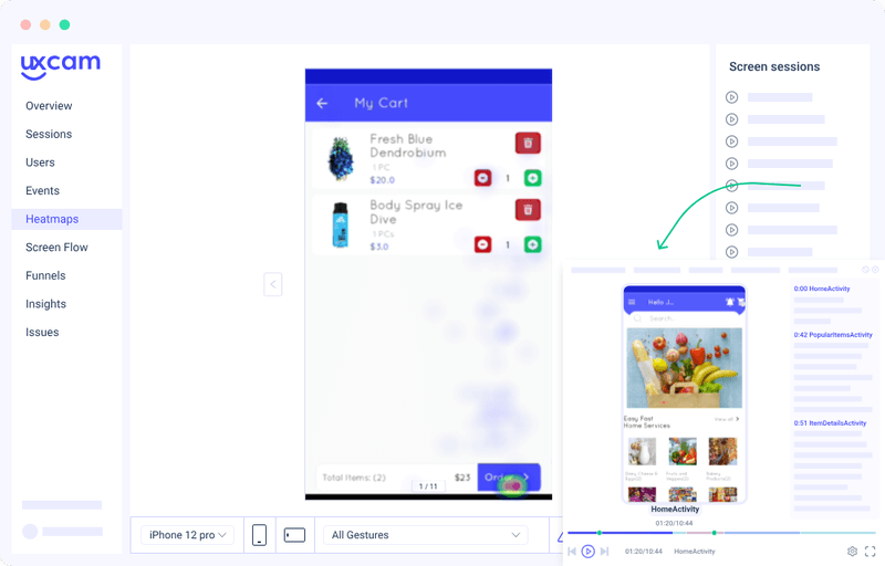 UXCam’s heatmaps analytics dashboard.