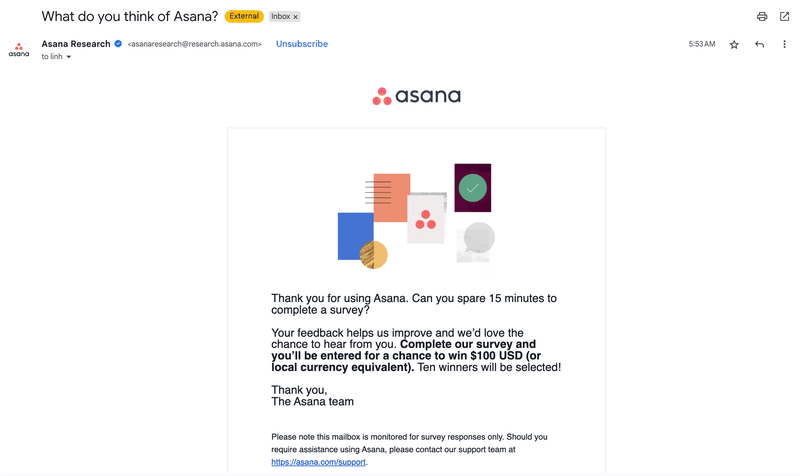 Loyalty program email example: Asana.