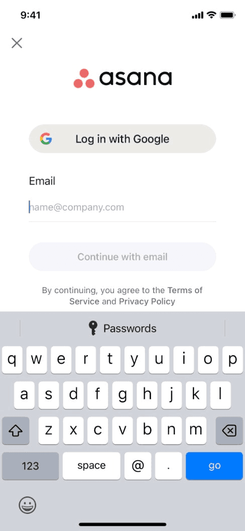 Asana sign-up screen on mobile.