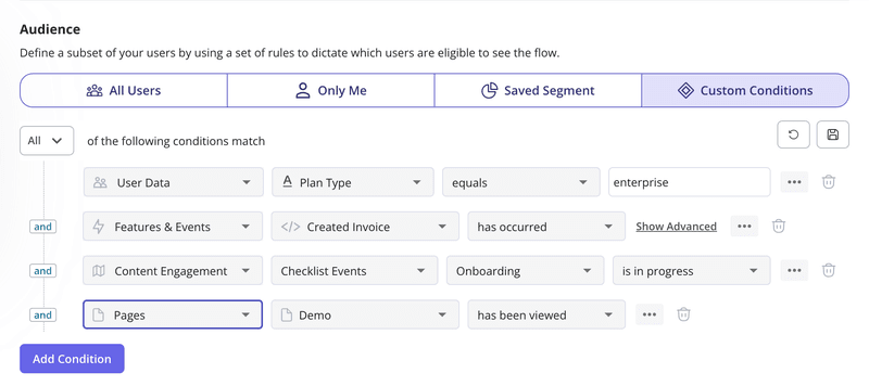 Userpilot demo flow condition settings
