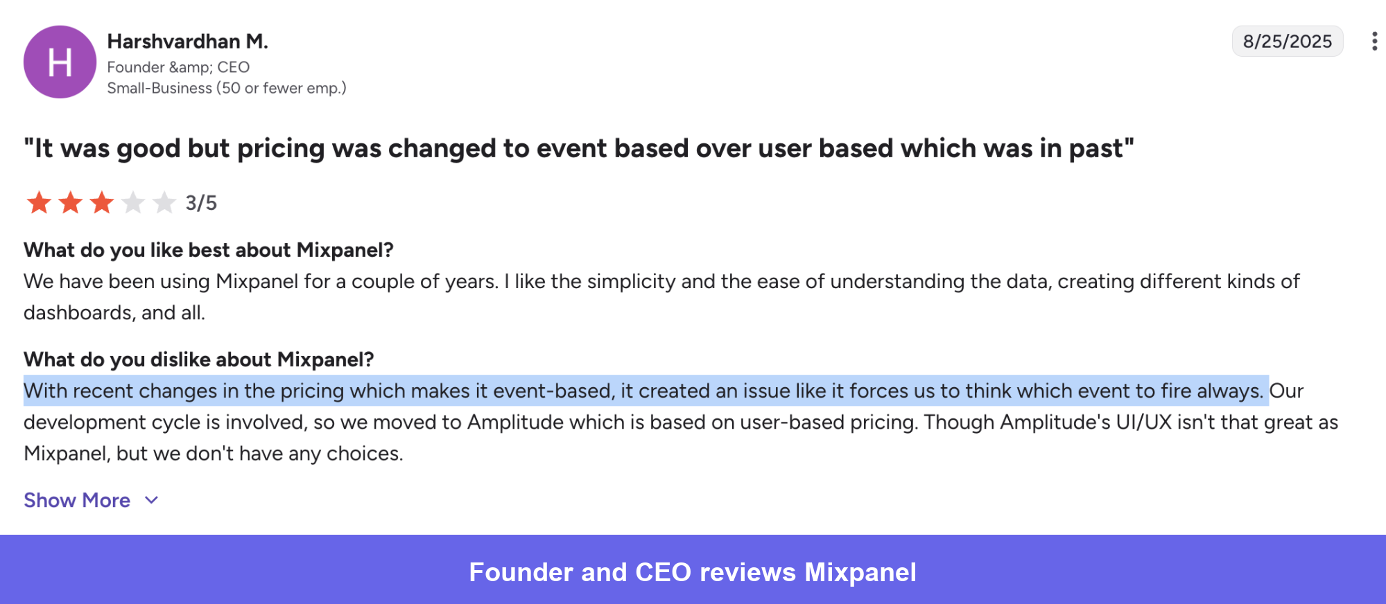 Mixpanel pricing issue review on G2