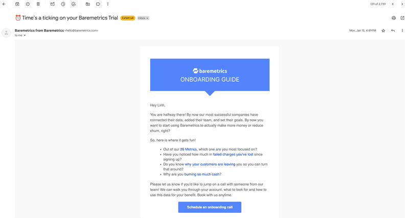 baremetrics contextual email marketing example reminder